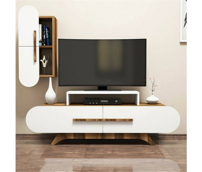 Conforama Pared Equipada Dpiccol Composición De La Sala De Estar Muebles De Salón Multiusos Gabinete De TV 145x37h50 Cm Nogal Y Blanco