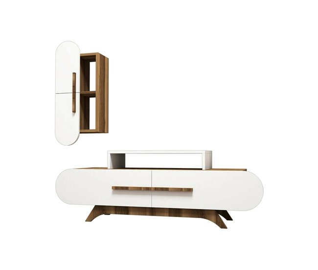 Conforama Pared Equipada Dpiccol Composición de la sala de estar Muebles de salón multiusos Gabinete de TV 145x37h50 cm Nogal y Blanco