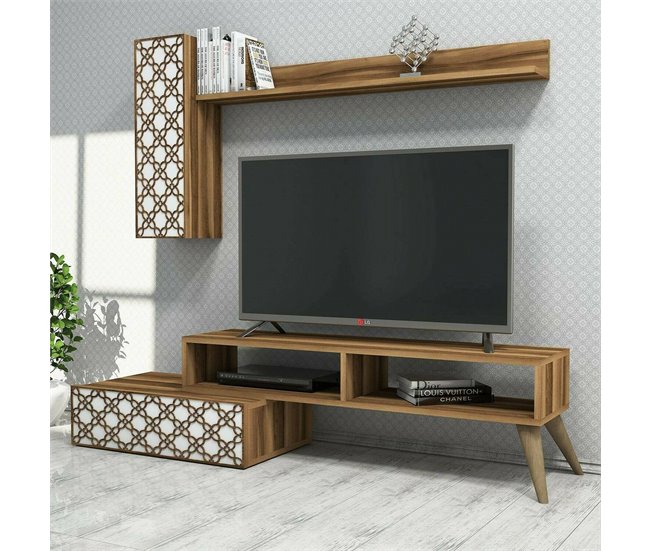 Conforama Pared Equipada Dpinard Composición De La Sala De Estar Muebles De Salón Multiusos Gabinete De TV 150x37h38 Cm Nogal Y Blanco
