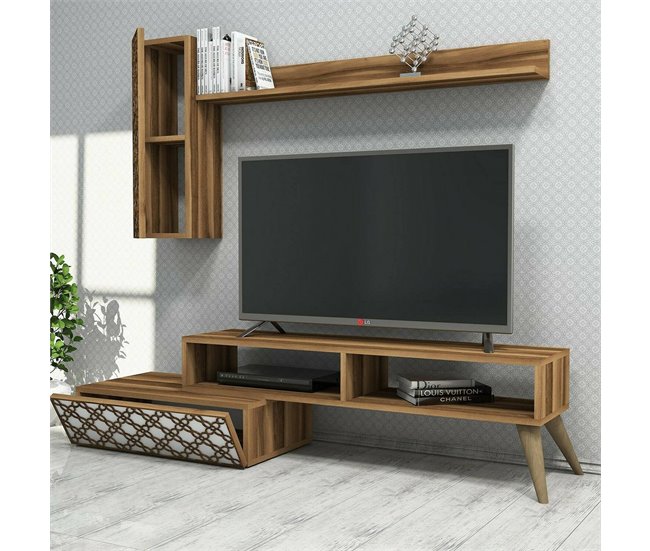 Conforama Pared Equipada Dpinard Composición De La Sala De Estar Muebles De Salón Multiusos Gabinete De TV 150x37h38 Cm Nogal Y Blanco