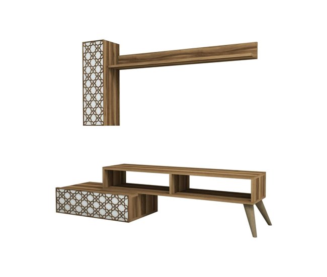 Conforama Pared Equipada Dpinard Composición de la sala de estar Muebles de salón multiusos Gabinete de TV 150x37h38 cm Nogal y Blanco