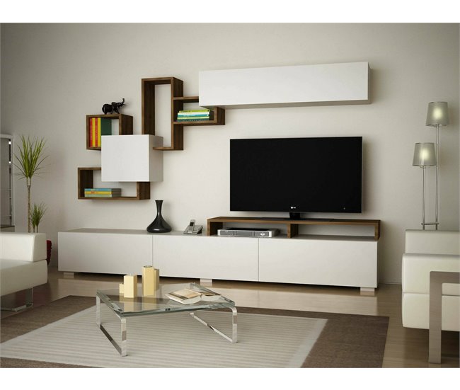 Conforama Pared Equipada Dpiovan Composición De La Sala De Estar Muebles De Salón Multiusos Gabinete De TV 210x37h47 Cm Blanco Y Nogal