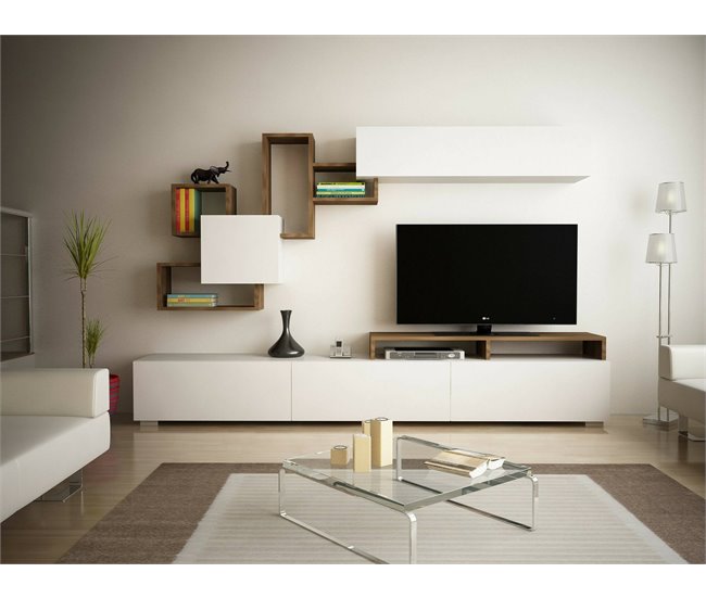 Conforama Pared Equipada Dpiovan Composición De La Sala De Estar Muebles De Salón Multiusos Gabinete De TV 210x37h47 Cm Blanco Y Nogal