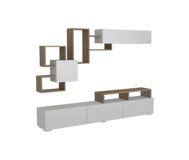 Conforama Pared Equipada Dpiovan Composición de la sala de estar Muebles de salón multiusos Gabinete de TV 210x37h47 cm Blanco y Nogal