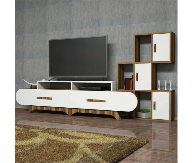 Conforama Pared Equipada Dporchi Composición De La Sala De Estar Muebles De Salón Multiusos Gabinete De TV 205x37h50 Cm Nogal Y Blanco