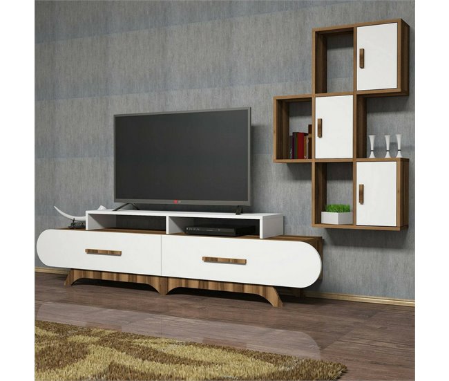 Conforama Pared Equipada Dporchi Composición De La Sala De Estar Muebles De Salón Multiusos Gabinete De TV 205x37h50 Cm Nogal Y Blanco