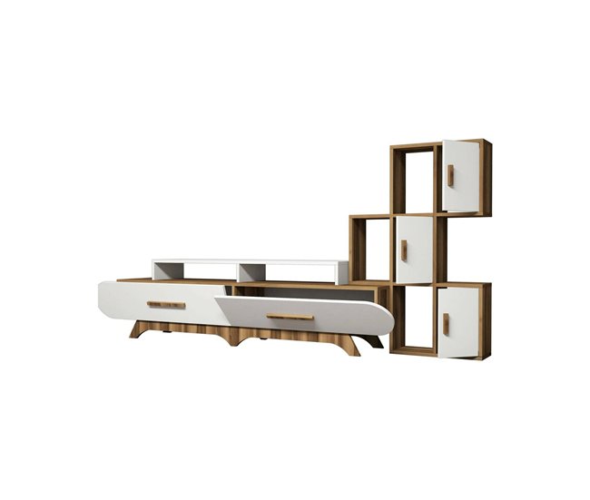 Conforama Pared Equipada Dporchi Composición de la sala de estar Muebles de salón multiusos Gabinete de TV 205x37h50 cm Nogal y Blanco