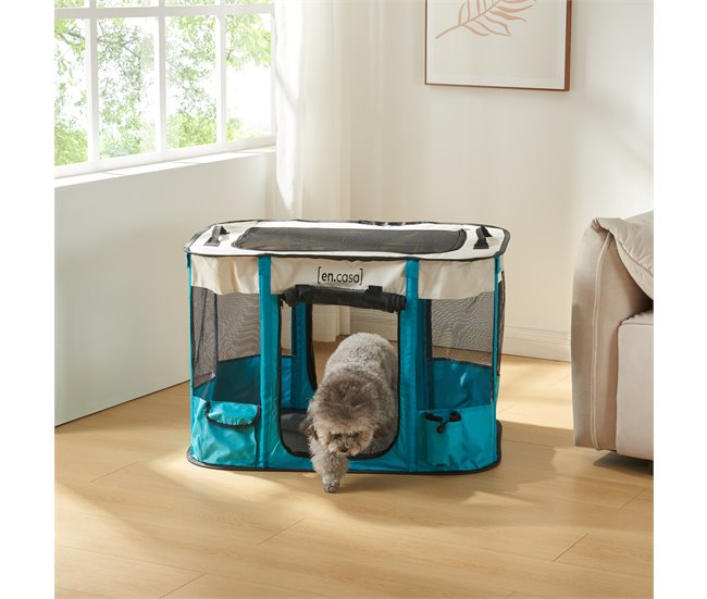Conforama Parque Para Mascotas Mörbylånga Plegable 80x60x55cm - Azul/Beige [en.casa]