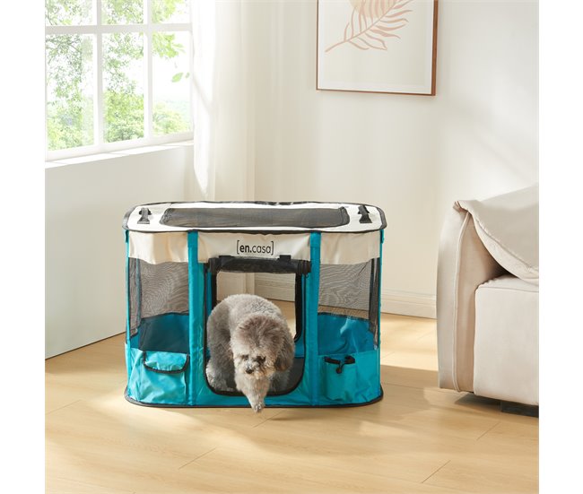 Conforama Parque Para Mascotas Mörbylånga Plegable 80x60x55cm - Azul/Beige [en.casa]