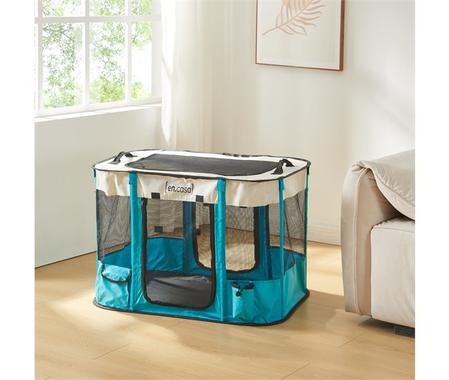 Conforama Parque Para Mascotas Mörbylånga Plegable 80x60x55cm - Azul/Beige [en.casa]