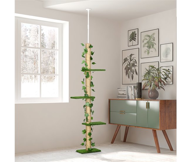 Conforama Pawhut Árbol Para Gatos De Suelo A Techo De 202-242 Cm Torre Para Gatos Con 3 Plataformas Postes Rascadores Altura Ajustable Y Decoración De Hoja De Arce Verde