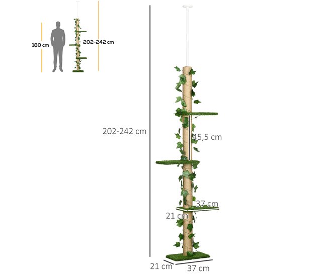 Conforama Pawhut Árbol Para Gatos De Suelo A Techo De 202-242 Cm Torre Para Gatos Con 3 Plataformas Postes Rascadores Altura Ajustable Y Decoración De Hoja De Arce Verde