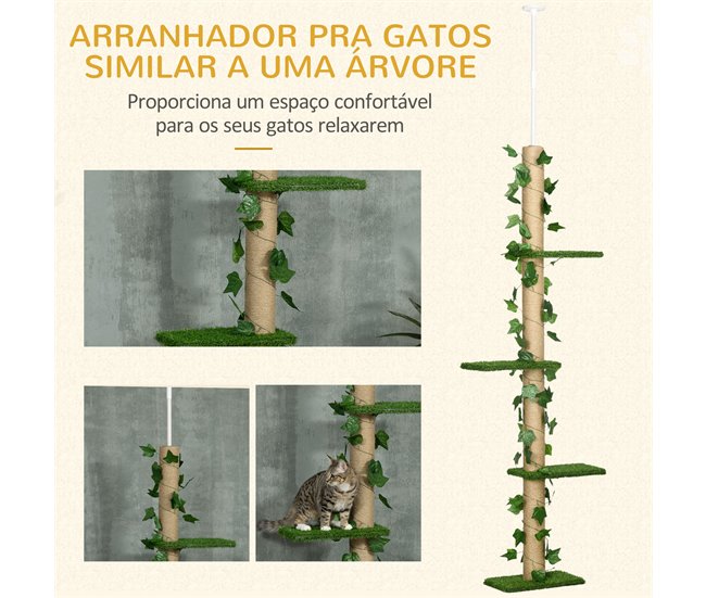 Conforama Pawhut Árbol Para Gatos De Suelo A Techo De 202-242 Cm Torre Para Gatos Con 3 Plataformas Postes Rascadores Altura Ajustable Y Decoración De Hoja De Arce Verde