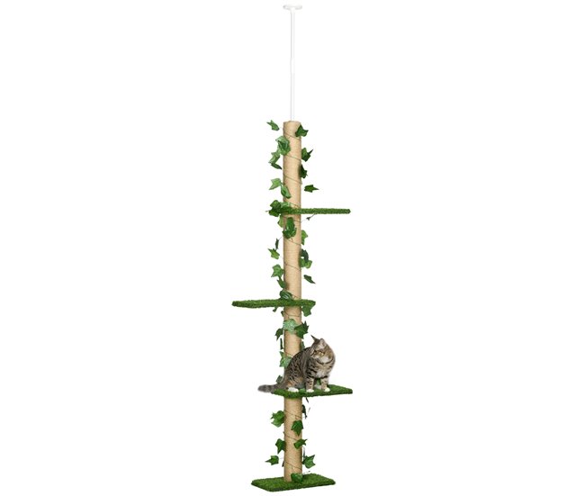 Conforama Pawhut Árbol para Gatos de Suelo a Techo de 202-242 cm Torre para Gatos con 3 Plataformas Postes Rascadores Altura Ajustable y Decoración de Hoja de Arce Verde