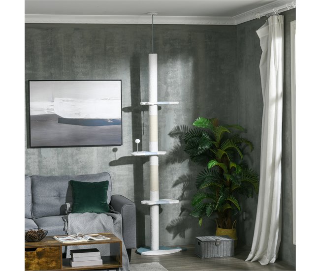 Conforama PawHut Árbol Para Gatos De Suelo A Techo De 225-255 Cm Torre Para Gatos De Suelo A Techo Ajustable En Altura Con 3 Plataforma De Forma De Ola Postes Rascadores Y 1 Bola 55x38x225-255 Cm Blanco