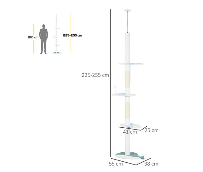 Conforama PawHut Árbol Para Gatos De Suelo A Techo De 225-255 Cm Torre Para Gatos De Suelo A Techo Ajustable En Altura Con 3 Plataforma De Forma De Ola Postes Rascadores Y 1 Bola 55x38x225-255 Cm Blanco
