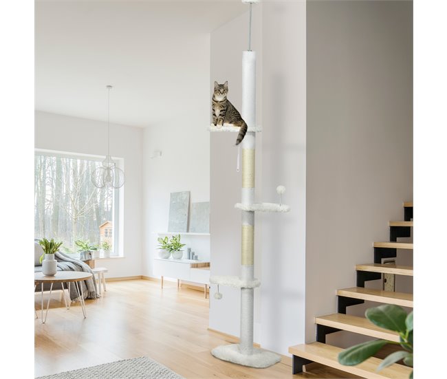 Conforama PawHut Árbol Para Gatos De Suelo A Techo De 225-255 Cm Torre Para Gatos De Suelo A Techo Ajustable En Altura Con 3 Plataforma De Forma De Nube Postes Rascadores Y 2 Bolas 48x32x225-255 Cm Blanco