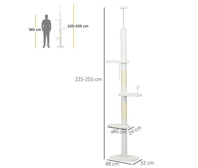 Conforama PawHut Árbol Para Gatos De Suelo A Techo De 225-255 Cm Torre Para Gatos De Suelo A Techo Ajustable En Altura Con 3 Plataforma De Forma De Nube Postes Rascadores Y 2 Bolas 48x32x225-255 Cm Blanco