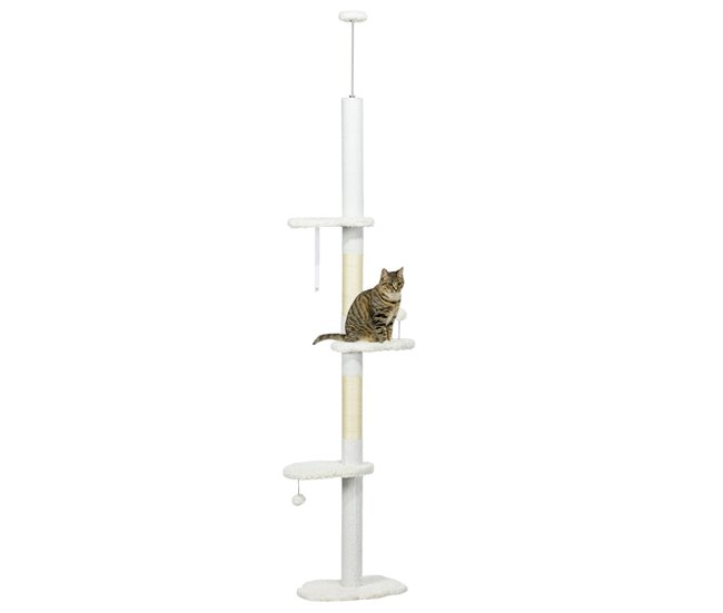 Conforama PawHut Árbol para Gatos de Suelo a Techo de 225-255 cm Torre para Gatos de Suelo a Techo Ajustable en Altura con 3 Plataforma de Forma de Nube Postes Rascadores y 2 Bolas 48x32x225-255 cm Blanco