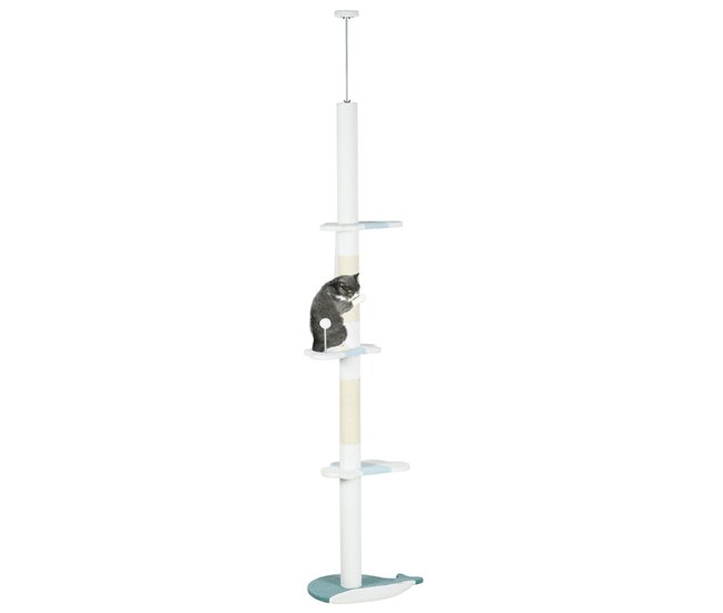 Conforama PawHut Árbol para Gatos de Suelo a Techo de 225-255 cm Torre para Gatos de Suelo a Techo Ajustable en Altura con 3 Plataforma de Forma de Ola Postes Rascadores y 1 Bola 55x38x225-255 cm Blanco