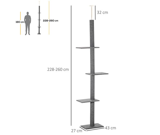 Conforama PawHut Árbol Para Gatos Del Suelo Al Techo 43x27x228-260 Cm Torre Para Gatos Con Altura Ajustable 4 Plataformas Espaciosas Y Poste De Sisal Gris