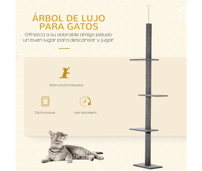 Conforama PawHut Árbol Para Gatos Del Suelo Al Techo 43x27x228-260 Cm Torre Para Gatos Con Altura Ajustable 4 Plataformas Espaciosas Y Poste De Sisal Gris