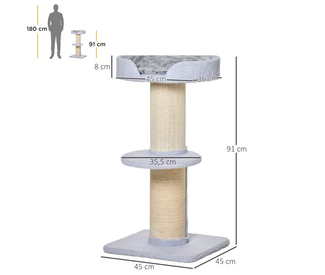 Conforama PawHut Árbol Rascador Para Gatos Altura 91 Cm Árbol Para Gatos Torre Para Gatos De 3 Niveles Con Nido Plataforma Y Poste De Sisal 45x45x91 Cm Azul Claro