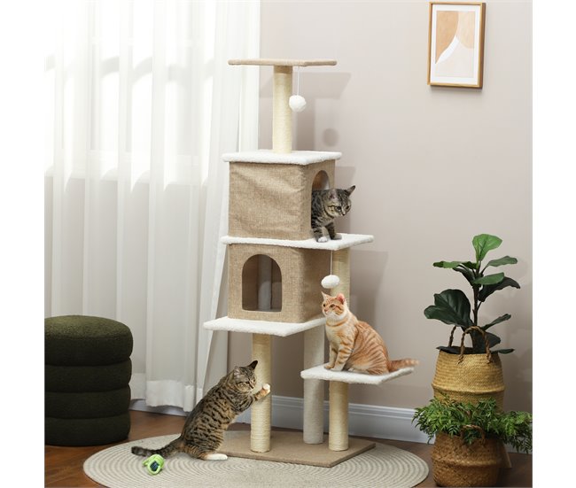 Conforama PawHut Árbol Rascador Para Gatos De Borreguito Altura 140 Cm Árbol Para Gatos Torre Para Gatos Con 2 Nidos Plataformas Bolas Colgantes Y Poste De Sisal Marrón Claro