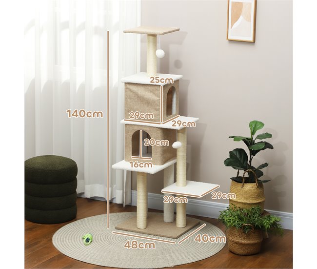 Conforama PawHut Árbol Rascador Para Gatos De Borreguito Altura 140 Cm Árbol Para Gatos Torre Para Gatos Con 2 Nidos Plataformas Bolas Colgantes Y Poste De Sisal Marrón Claro