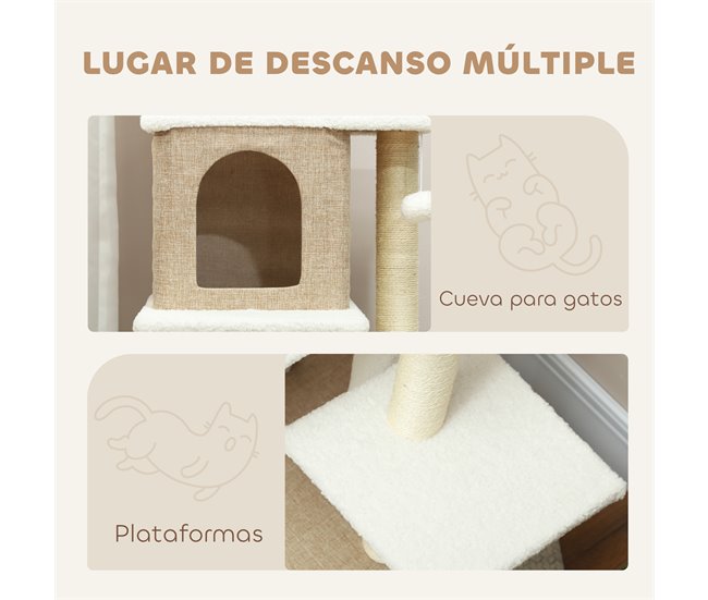 Conforama PawHut Árbol Rascador Para Gatos De Borreguito Altura 140 Cm Árbol Para Gatos Torre Para Gatos Con 2 Nidos Plataformas Bolas Colgantes Y Poste De Sisal Marrón Claro