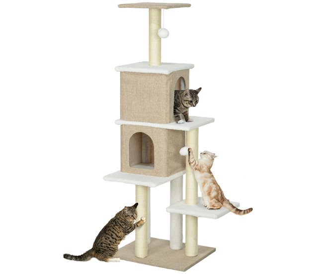 Conforama PawHut Árbol Rascador para Gatos de Borreguito Altura 140 cm Árbol para Gatos Torre para Gatos con 2 Nidos Plataformas Bolas Colgantes y Poste de Sisal Marrón Claro