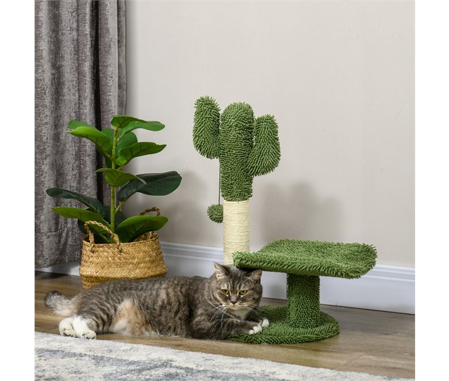 Conforama PawHut Árbol Rascador Para Gatos De Cactus De 55 5 Cm Torre Para Gatos De Interior Con Postes De Sisal Cama Y Bola De Juguete 35x31x55 5 Cm Verde