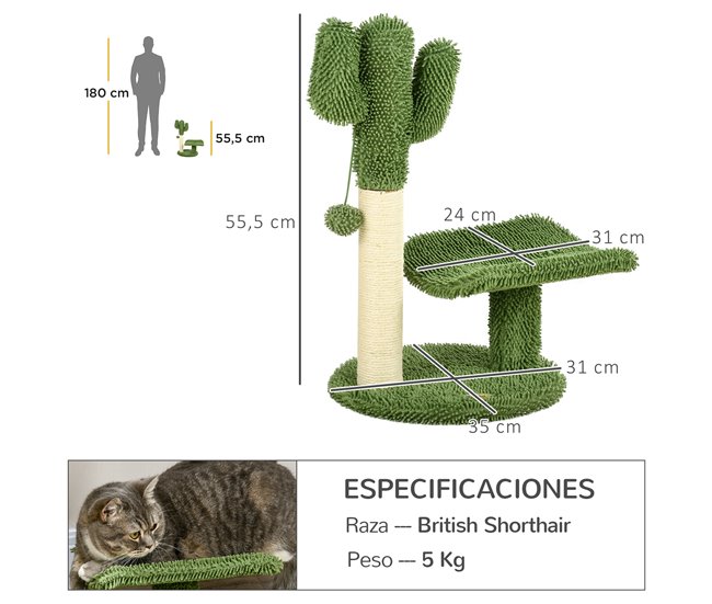 Conforama PawHut Árbol Rascador Para Gatos De Cactus De 55 5 Cm Torre Para Gatos De Interior Con Postes De Sisal Cama Y Bola De Juguete 35x31x55 5 Cm Verde