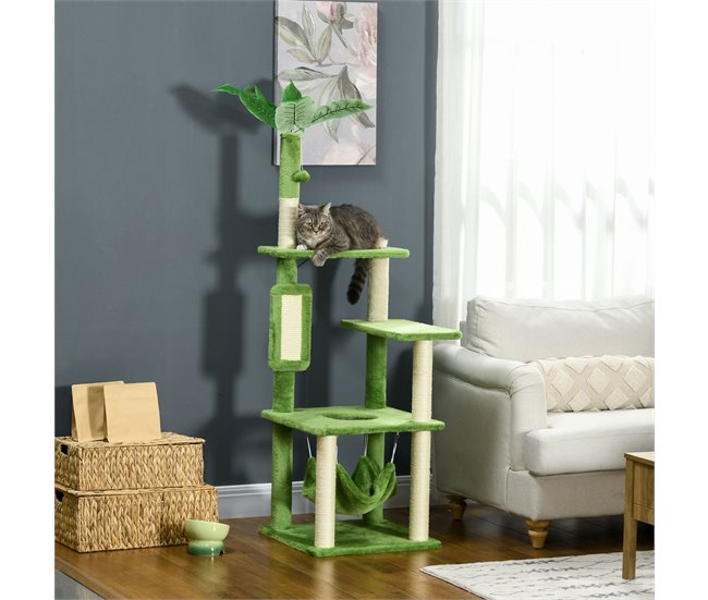 Conforama PawHut Árbol Rascador Para Gatos Grandes De 142 Cm Torre Para Gatos De Interior Con Postes De Sisal Plataformas Hamaca Hojas Y Bola De Juguete 49x49x142 Cm Verde