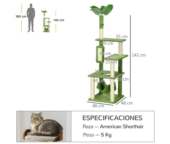 Conforama PawHut Árbol Rascador Para Gatos Grandes De 142 Cm Torre Para Gatos De Interior Con Postes De Sisal Plataformas Hamaca Hojas Y Bola De Juguete 49x49x142 Cm Verde