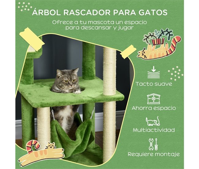 Conforama PawHut Árbol Rascador Para Gatos Grandes De 142 Cm Torre Para Gatos De Interior Con Postes De Sisal Plataformas Hamaca Hojas Y Bola De Juguete 49x49x142 Cm Verde