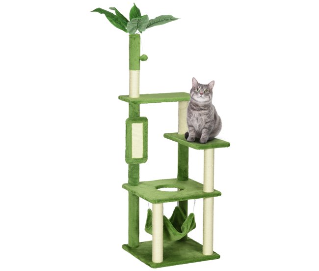 Conforama PawHut Árbol Rascador para Gatos Grandes de 142 cm Torre para Gatos de Interior con Postes de Sisal Plataformas Hamaca Hojas y Bola de Juguete 49x49x142 cm Verde