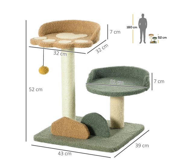 Conforama PawHut Árbol Rascador Para Gatos Pequeño De 52 Cm Torre Para Gatos Centro De Actividades Para Gatitos Con Cama Poste De Sisal Y Bola Colgante 43x39x52 Cm Multicolor
