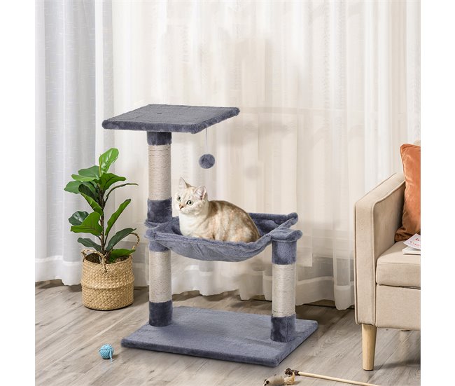 Conforama PawHut Árbol Rascador Para Gatos Torre Para Gatos 50x36x70 Cm Centro De Actividad Con Hamaca Plataforma Postes De Sisal Y Bola Colgante Gris