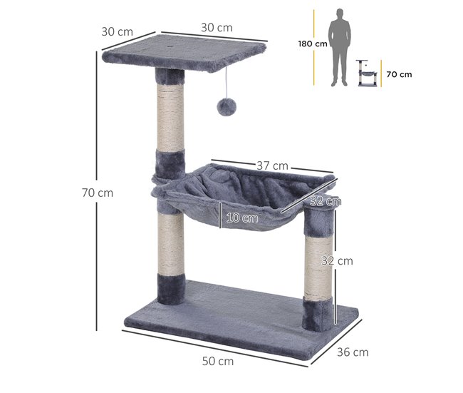 Conforama PawHut Árbol Rascador Para Gatos Torre Para Gatos 50x36x70 Cm Centro De Actividad Con Hamaca Plataforma Postes De Sisal Y Bola Colgante Gris