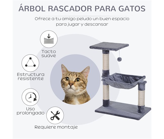 Conforama PawHut Árbol Rascador Para Gatos Torre Para Gatos 50x36x70 Cm Centro De Actividad Con Hamaca Plataforma Postes De Sisal Y Bola Colgante Gris