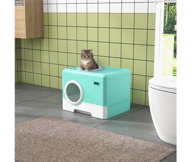 Conforama PawHut Arenero Para Gatos Inodoro Para Mascotas Con Pala Bandeja Extraíble 2 Puertas Entrada Principal Y Salida Superior 52x41x38 5 Cm Verde