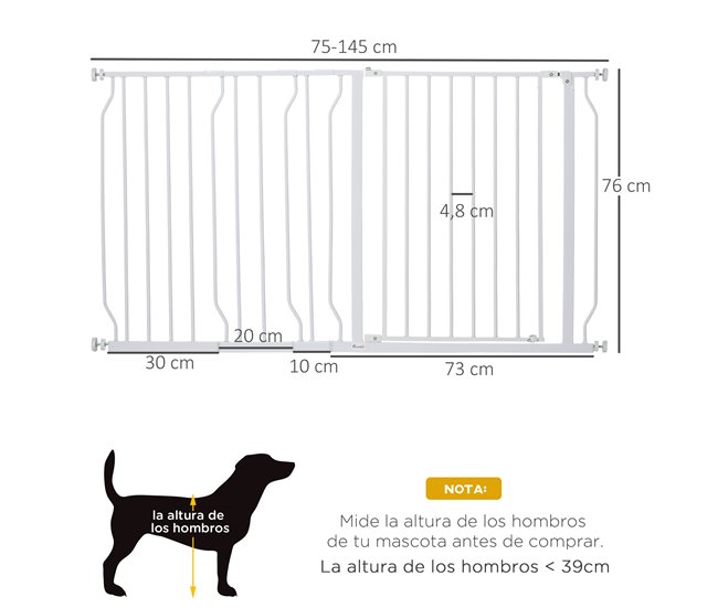 Conforama PawHut Barrera De Seguridad De Perros Extensible Para Escaleras Y Puertas 75-145 Cm Con 3 Extensiones De 10/20/30 Cm Montaje A Presión Acero Altura 76 Cm Blanco
