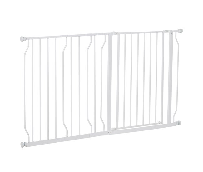 Conforama PawHut Barrera de Seguridad de Perros Extensible para Escaleras y Puertas 75-145 cm con 3 Extensiones de 10/20/30 cm Montaje a Presión Acero Altura 76 cm Blanco