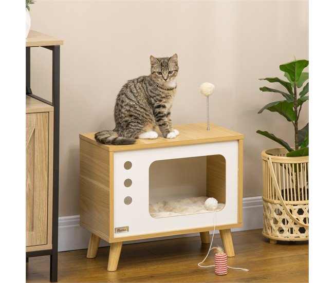 Conforama Pawhut Cama Cueva De Gatos Estilo Televisor Casa Para Gatos Con Cojín Suave Lavable Bola Divertida Y Patas Elevadas 50x28x43 Cm Roble