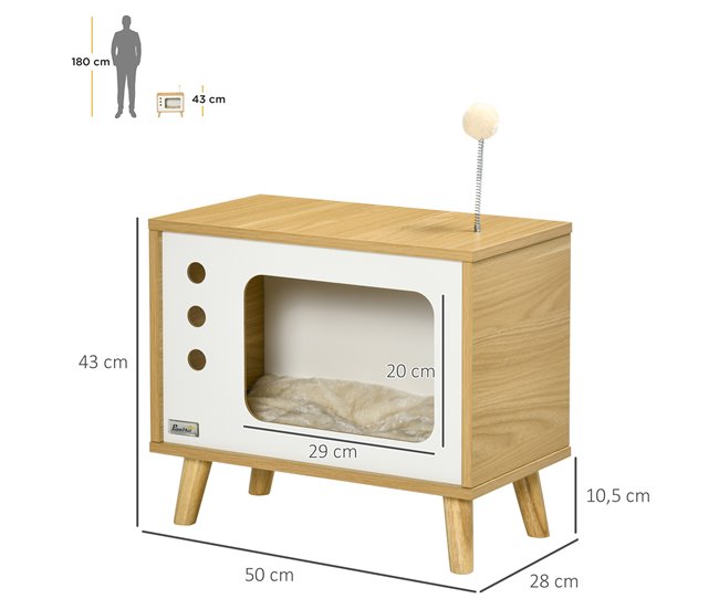 Conforama Pawhut Cama Cueva De Gatos Estilo Televisor Casa Para Gatos Con Cojín Suave Lavable Bola Divertida Y Patas Elevadas 50x28x43 Cm Roble