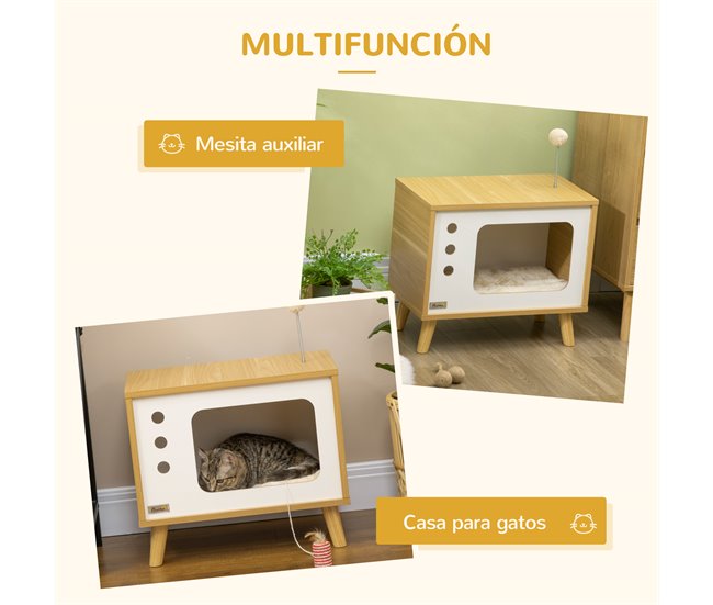 Conforama Pawhut Cama Cueva De Gatos Estilo Televisor Casa Para Gatos Con Cojín Suave Lavable Bola Divertida Y Patas Elevadas 50x28x43 Cm Roble