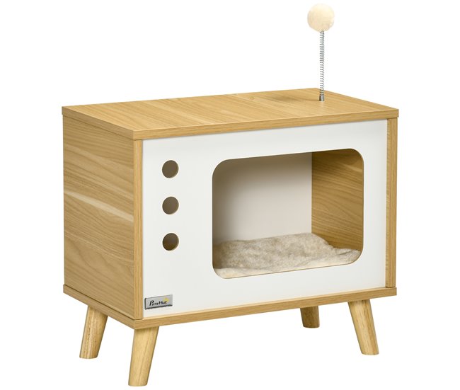 Conforama Pawhut Cama Cueva de Gatos Estilo Televisor Casa para Gatos con Cojín Suave Lavable Bola Divertida y Patas Elevadas 50x28x43 cm Roble