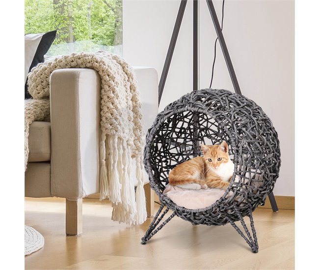 Conforama PawHut Cama Cueva De Ratán Para Gatos O Mascotas Pequeña Con Base Trípode Cojín De Felpa Y Algodón Suave Diseño Elevado Estable Φ52x58 Cm Gris