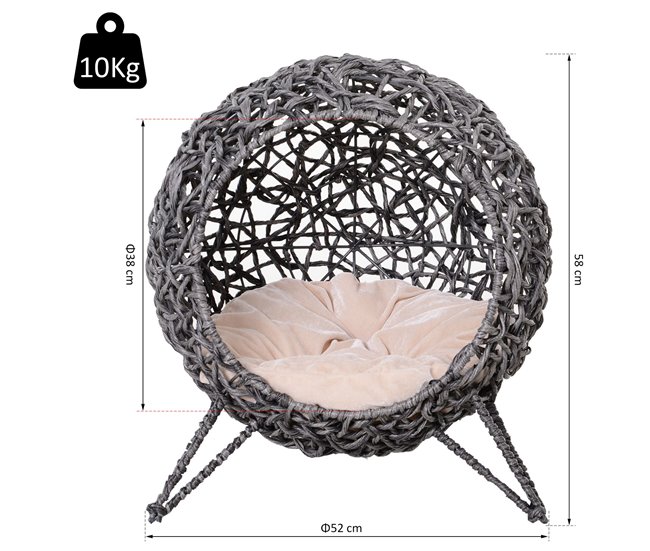 Conforama PawHut Cama Cueva De Ratán Para Gatos O Mascotas Pequeña Con Base Trípode Cojín De Felpa Y Algodón Suave Diseño Elevado Estable Φ52x58 Cm Gris